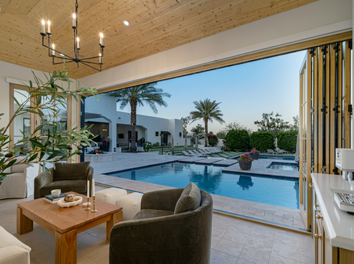 Luxury indoor-outdoor living space opening to a resort-style pool in Phoenix