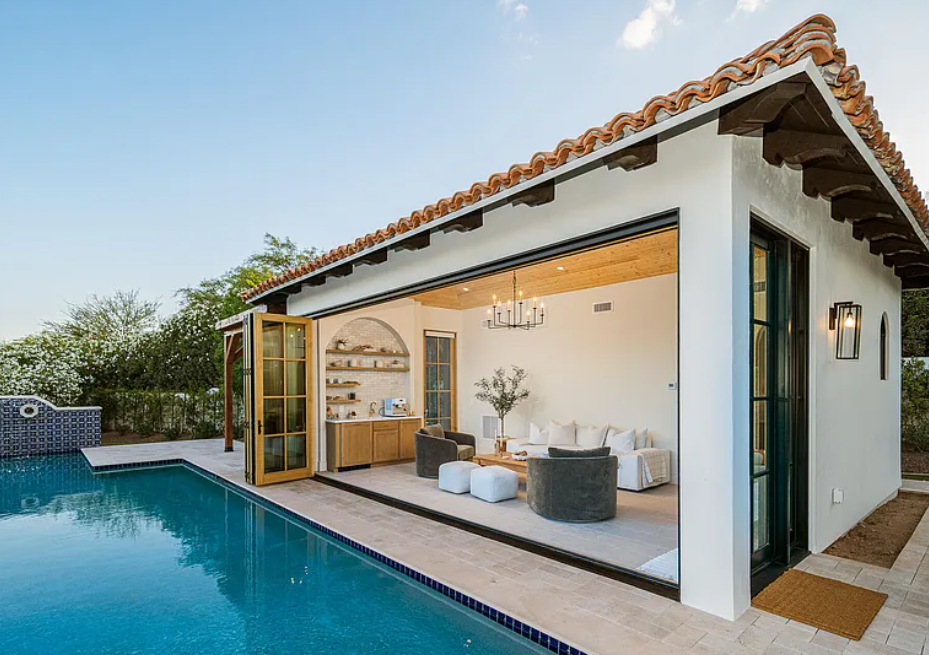 Covered outdoor living space with lounge seating