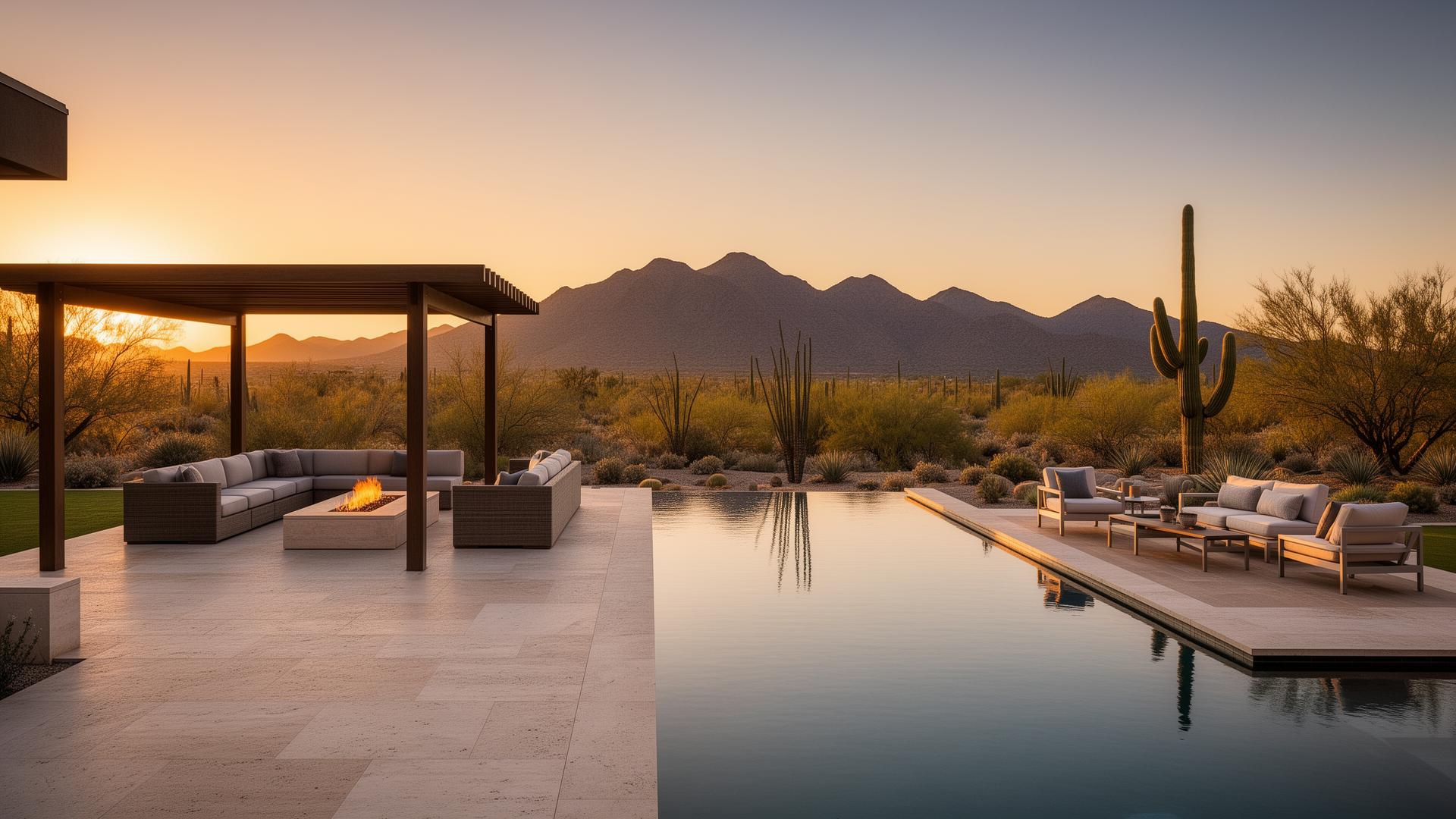 Modern Arizona backyard remodel with pool and covered patio at sunset
