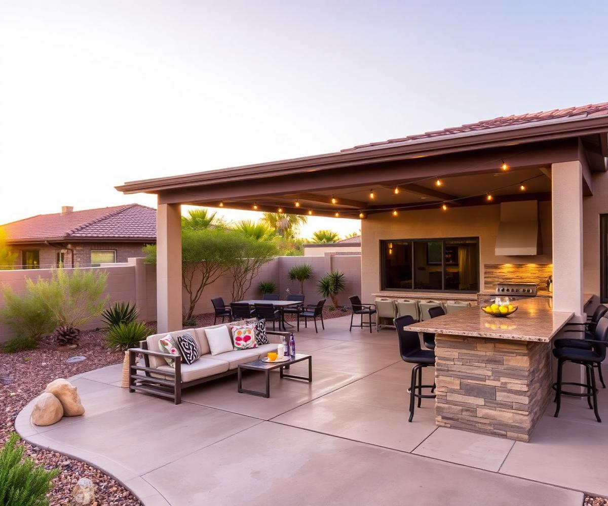 Arizona backyard outdoor living space with patio and built-in kitchen